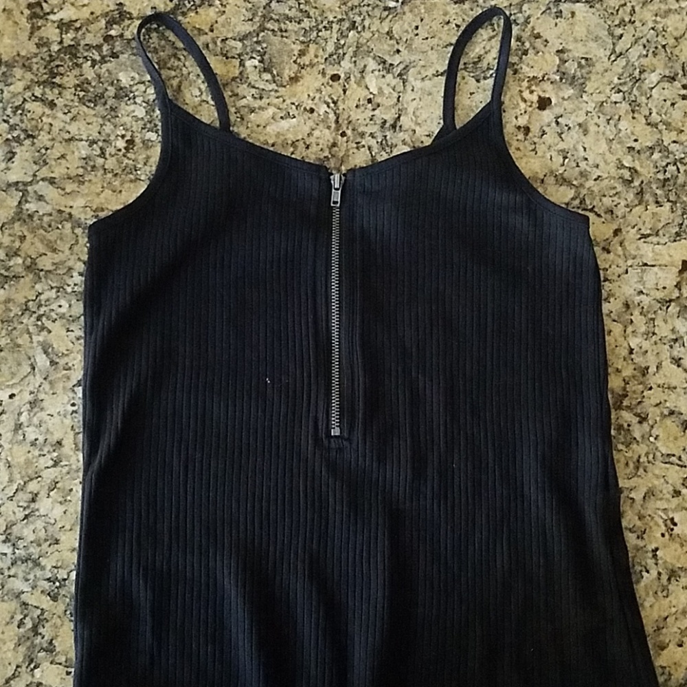 Black ribbed zip up thong bodysuit
